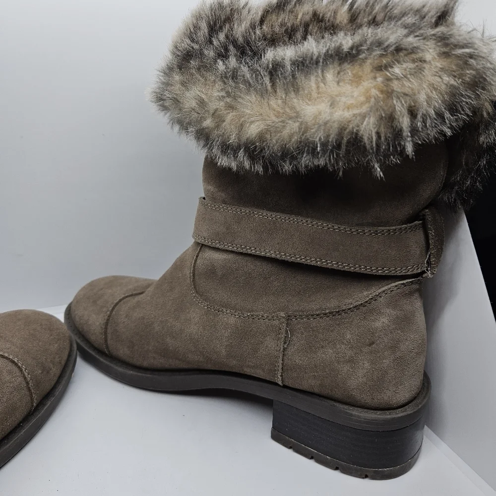 Cougar tan taupe suede faux fur lined foldover Franca boots side buckle detail 9